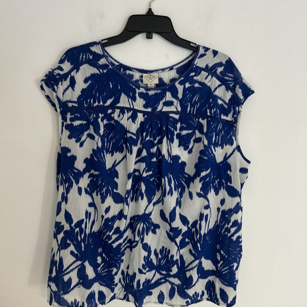 St John's Bay 1X Blue White Floral Lightweight Cap Sleeves 100% Cotton Beach